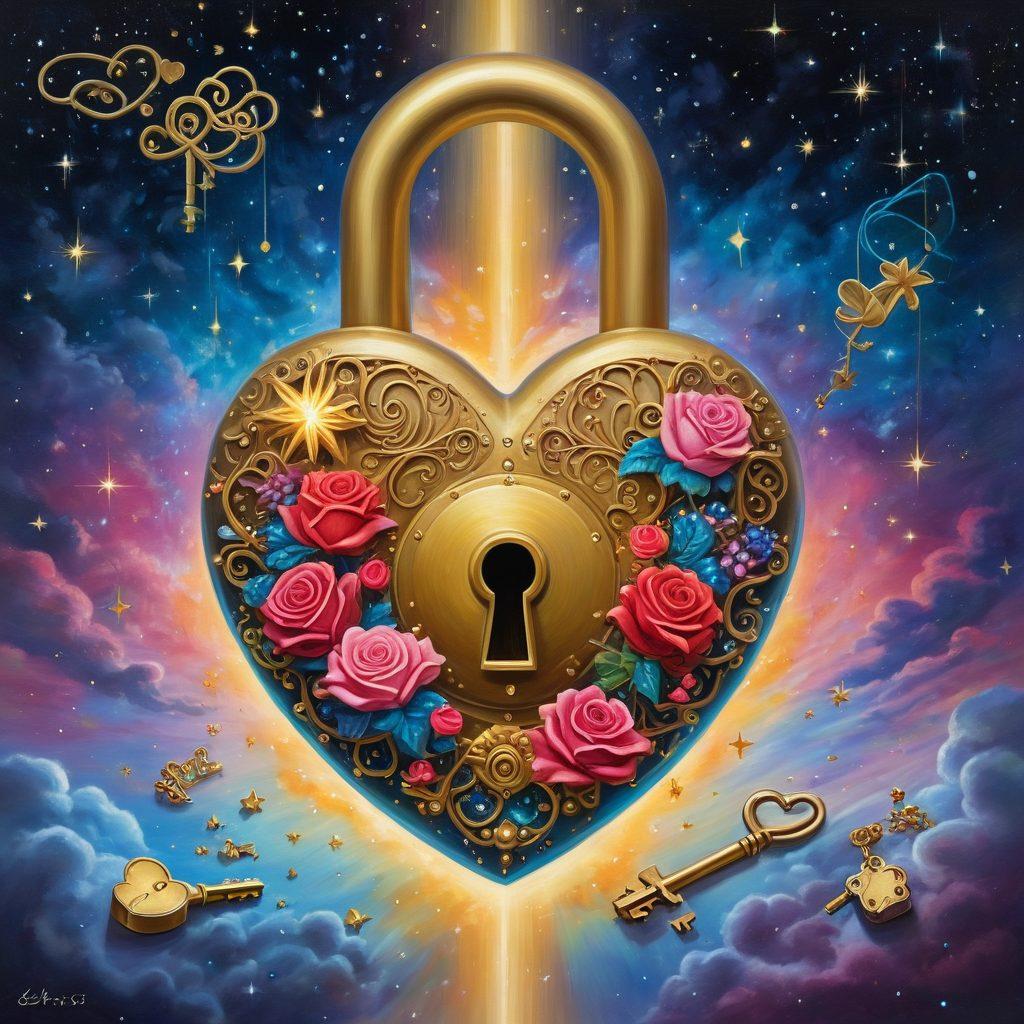 An illustration of a radiant, heart-shaped lock opening with glowing, golden keys floating around it. The background depicts a dreamy night sky, filled with stars and constellations shaped like couples embracing. In the foreground, an expert in a lab coat is holding one of the golden keys and smiling serenely. Symbolic elements of love, like roses and intertwined rings, are subtly incorporated into the scene. painting. vibrant colors. enchanting atmosphere.